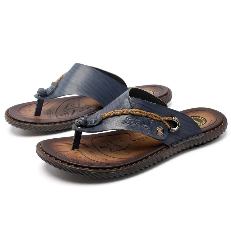 Men's dark blue herringbone pattern outdoor slippers with rubber sole and leather lining.