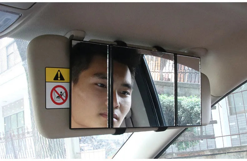 Silver car folding makeup mirror shown open at 30.5x14cm and folded at 15.5x14cm