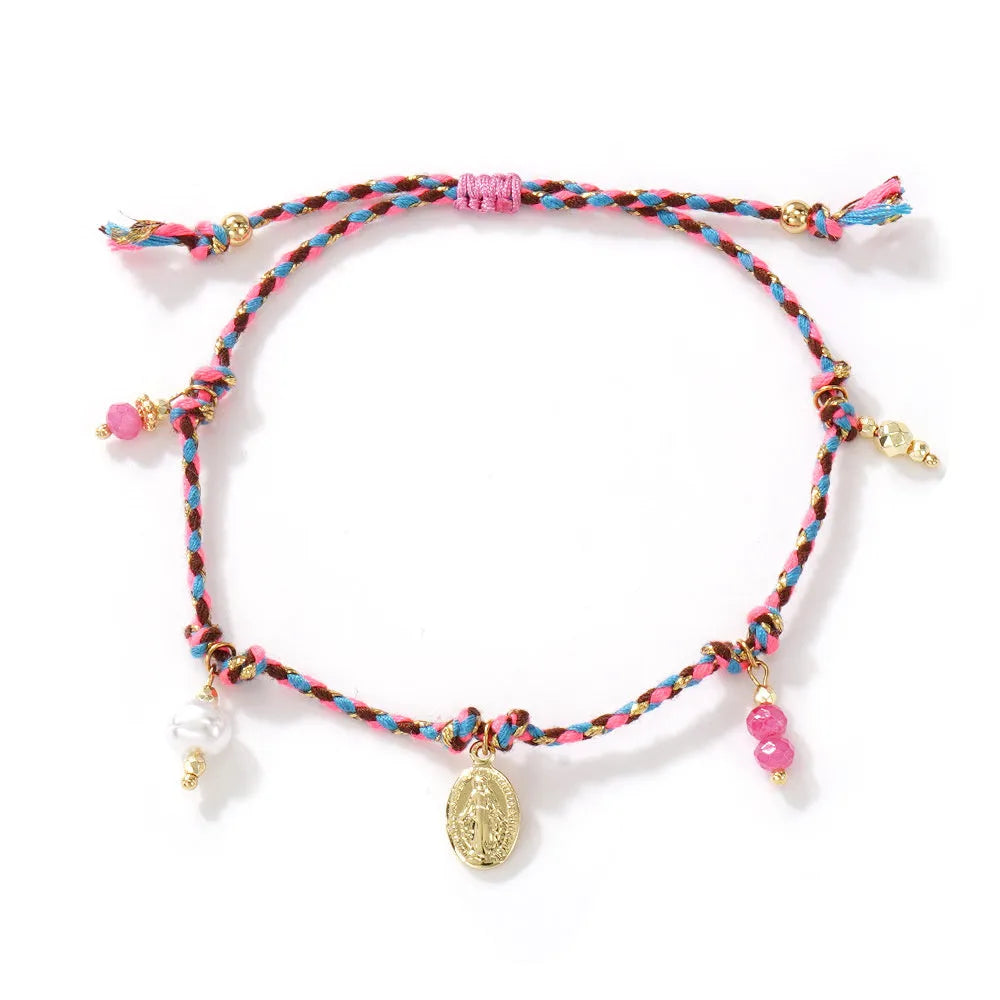 A colourful hand-woven braided rope bracelet with an adjustable strap and tag charm.