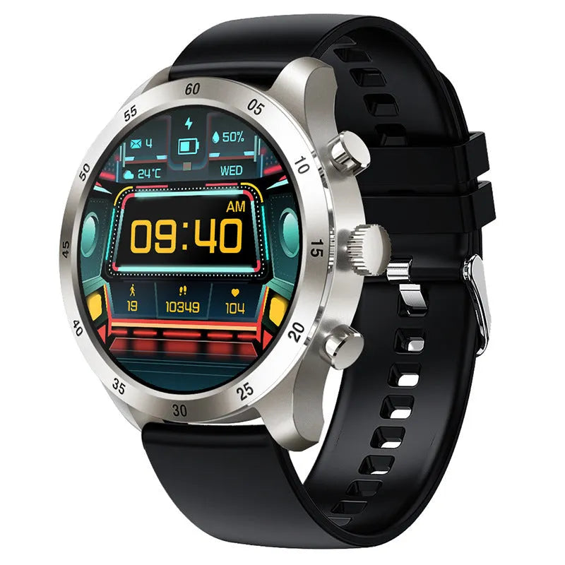 Black smart watch with touch screen displaying heart rate and call functions
