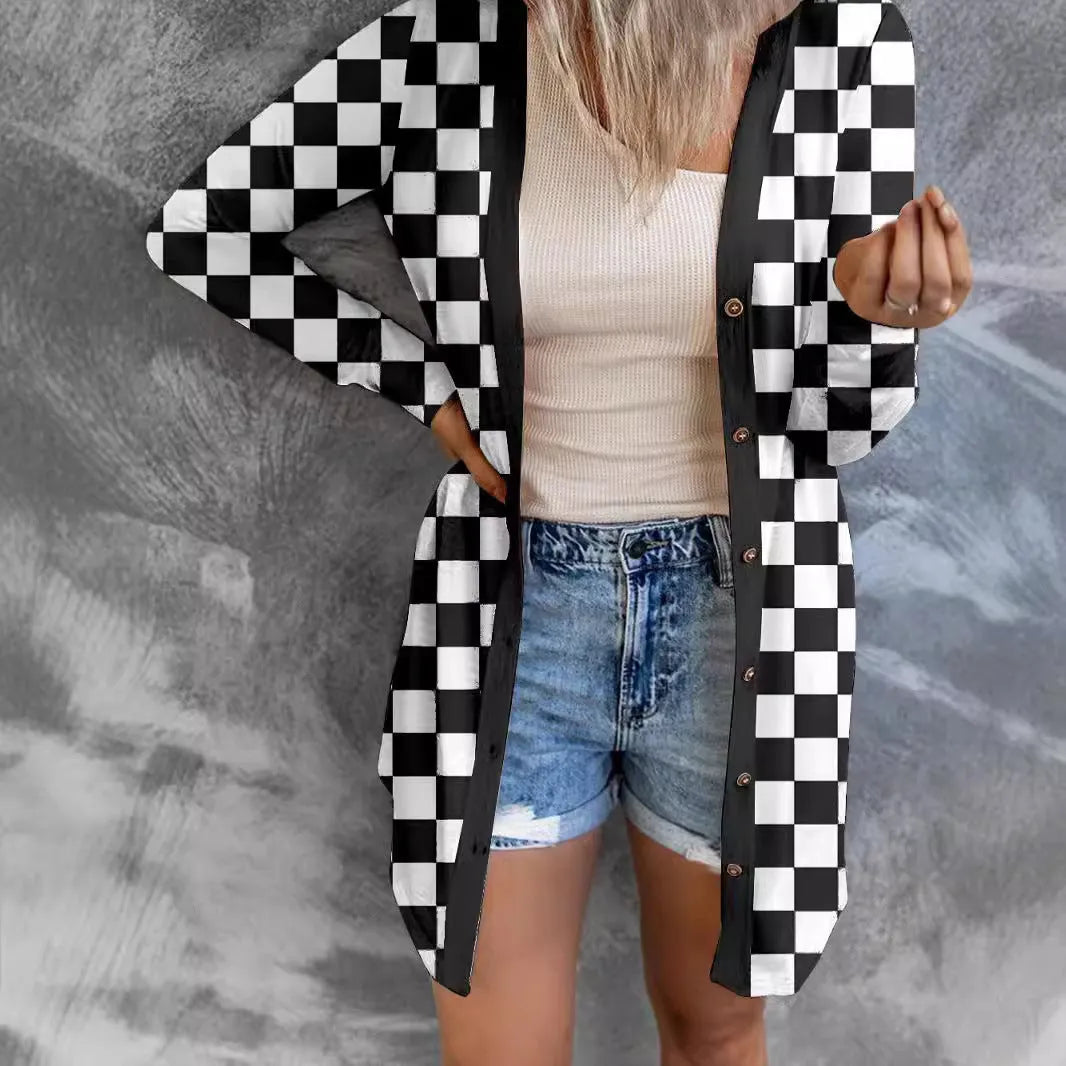 Long grey plaid knitted cardigan coat on a model, showing loose fit and regular sleeves.