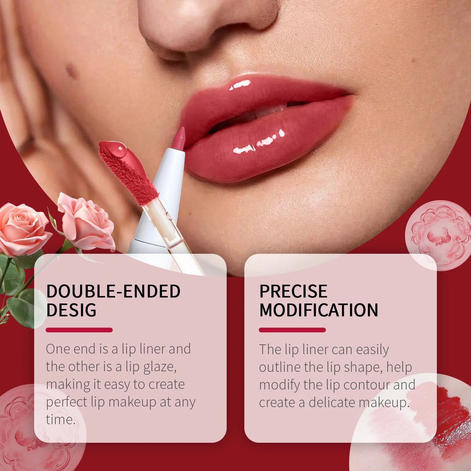 Double-headed lip liner and lip lacquer pen lipstick shown in packaging.