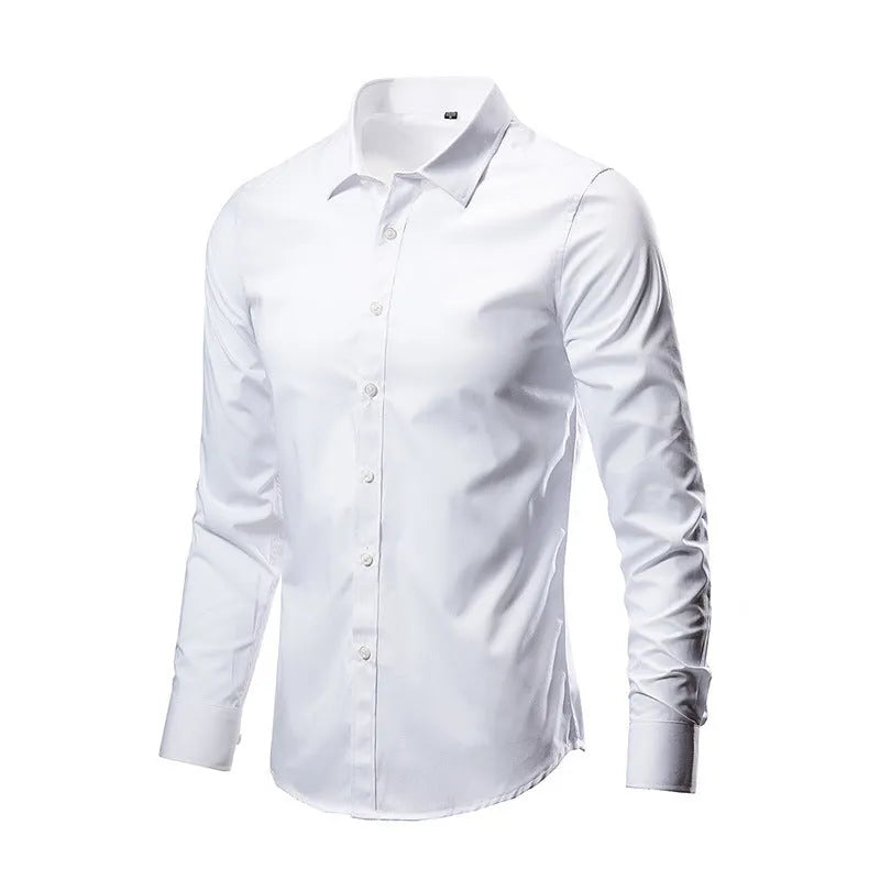 Man wearing a linen long sleeve slim fit shirt in a choice of 18 colours, showing the relaxed fit and sleeve detail.