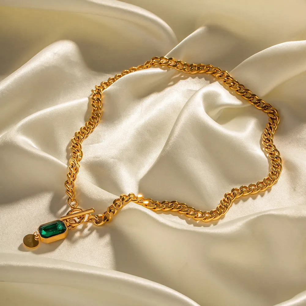 Gold geometric zircon pendant necklace with titanium steel Cuban link chain