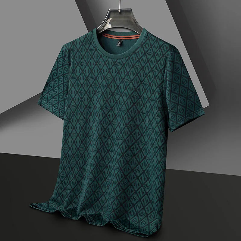 Men's round neck jacquard short sleeve t-shirt in ice silk fabric, loose fit casual pullover