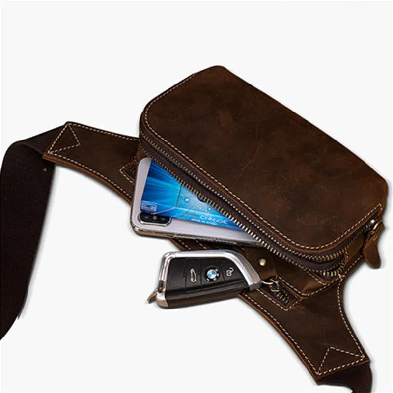 Brown top layer cowhide men's sports waist bag with a pull closure.