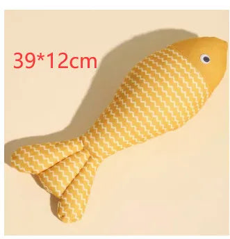 Catnip stuffed fish toy for cats in blue, red and yellow colour options showing large and medium size comparison