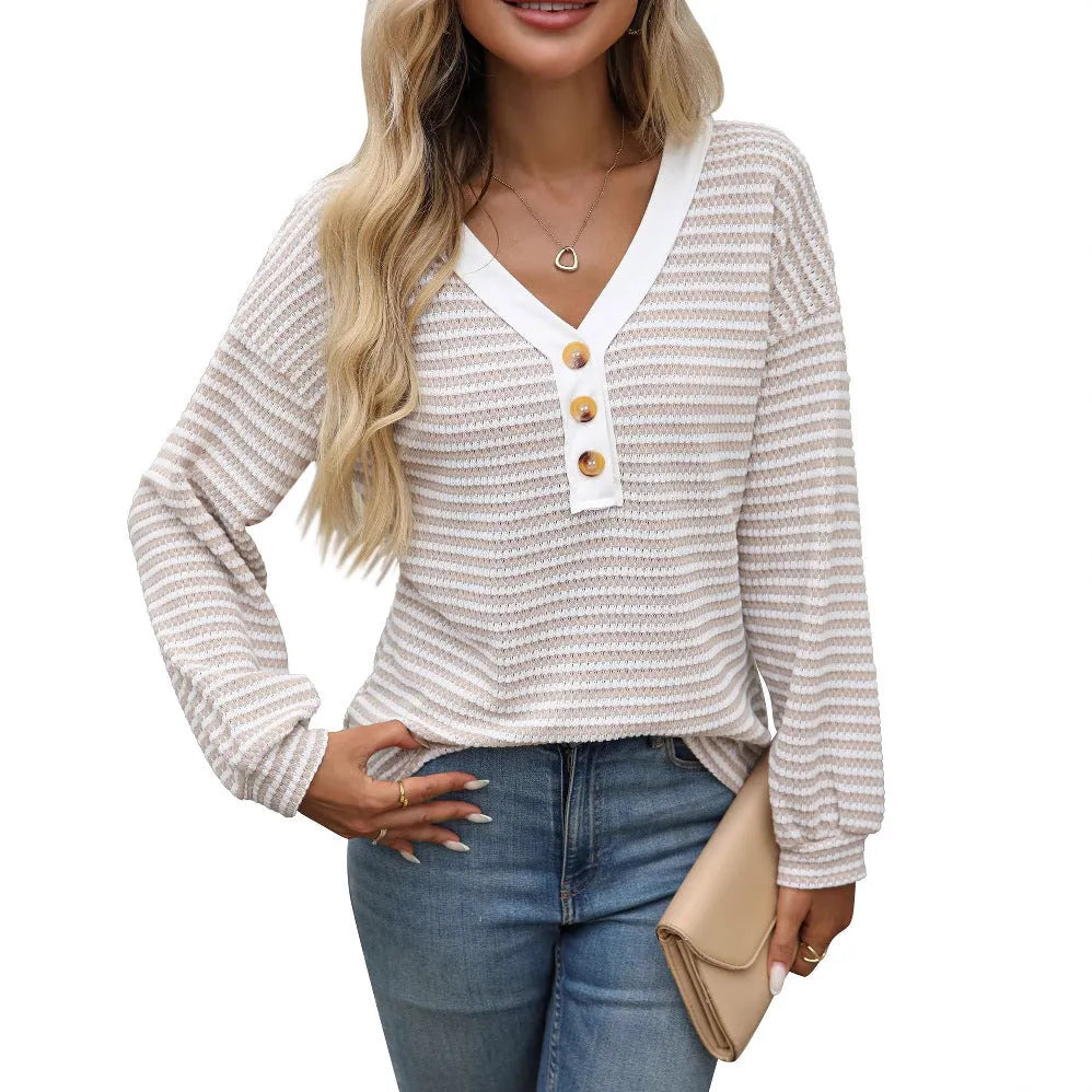 Women's patchwork V-neck casual top in loose fit with long sleeves