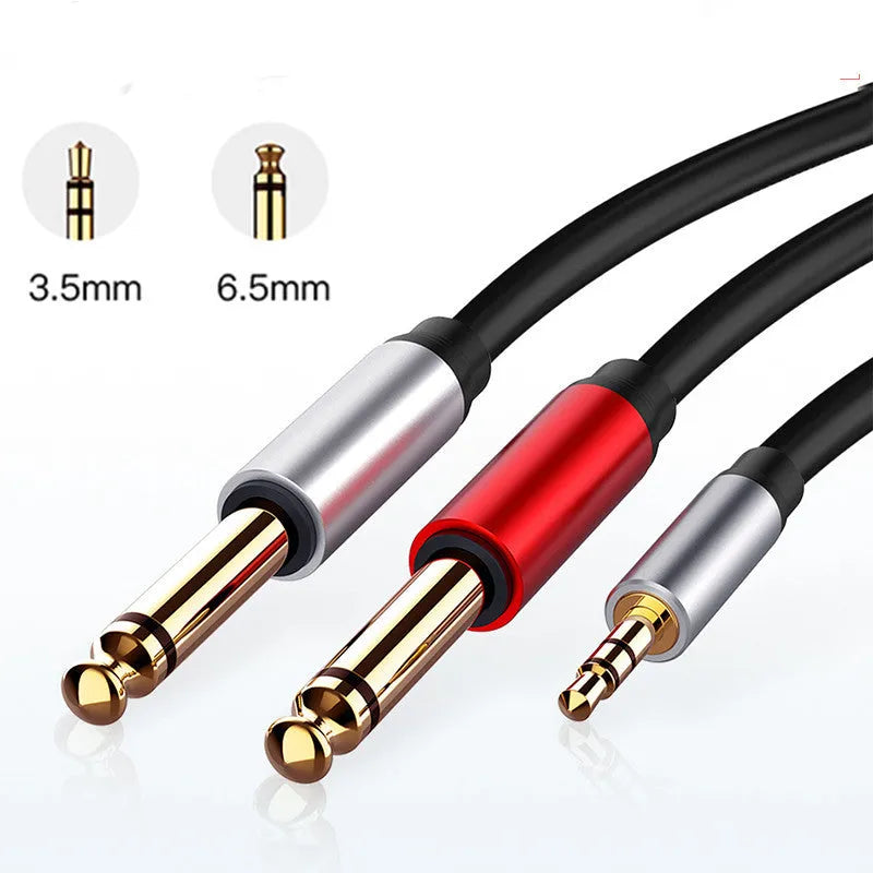 3.5mm to dual 6.35mm male audio cable with gold-plated connectors, available in multiple lengths.
