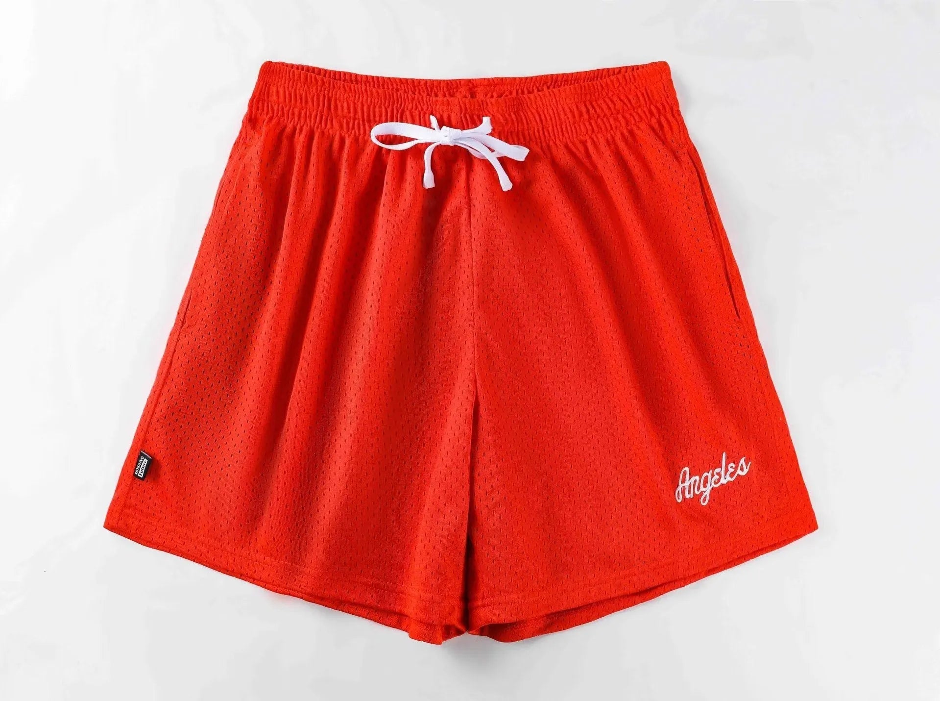 Men's personalised double-layer mesh sports shorts in multiple colours on a size chart.