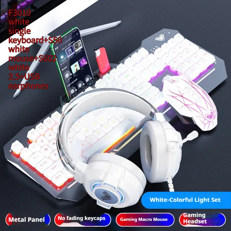 F3010 black and white metal gaming keyboard, mouse, and headset bundle with single-colour LED backlighting.