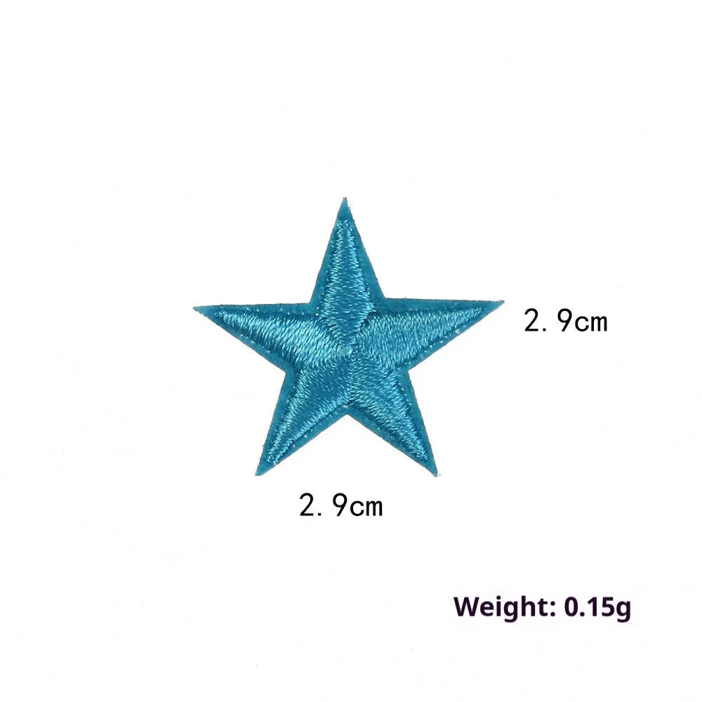 Colourful embroidered five-pointed star designs on cloth sticker labels for DIY clothing customisation.
