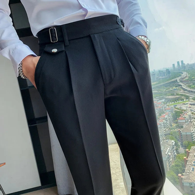 Straight-leg casual trousers in solid colour on hanger showing waistband and leg detail