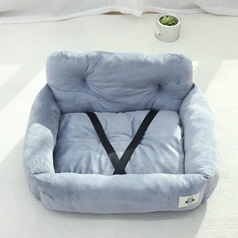 Grey and blue plaid car-mounted pet travel nest for dogs with stain-resistant cloth material
