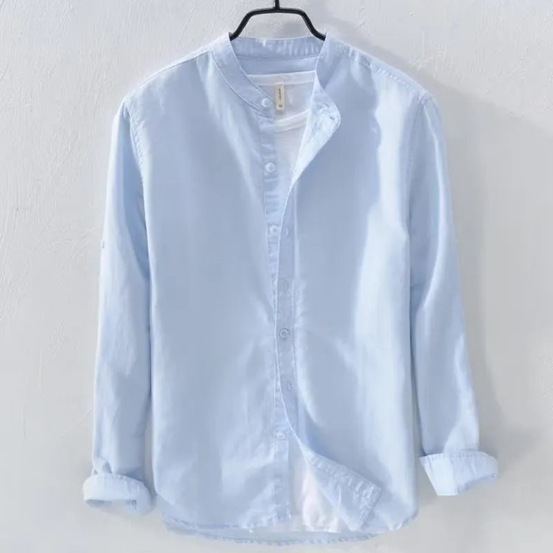 Men's loose fit linen cotton long sleeve shirt in dark blue colour showing button-up design