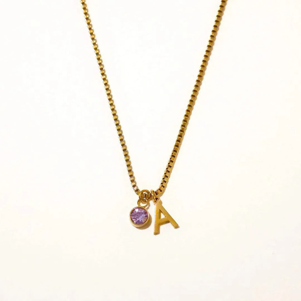Gold coloured titanium steel birthstone initial pendant necklace with O-ring chain on white background