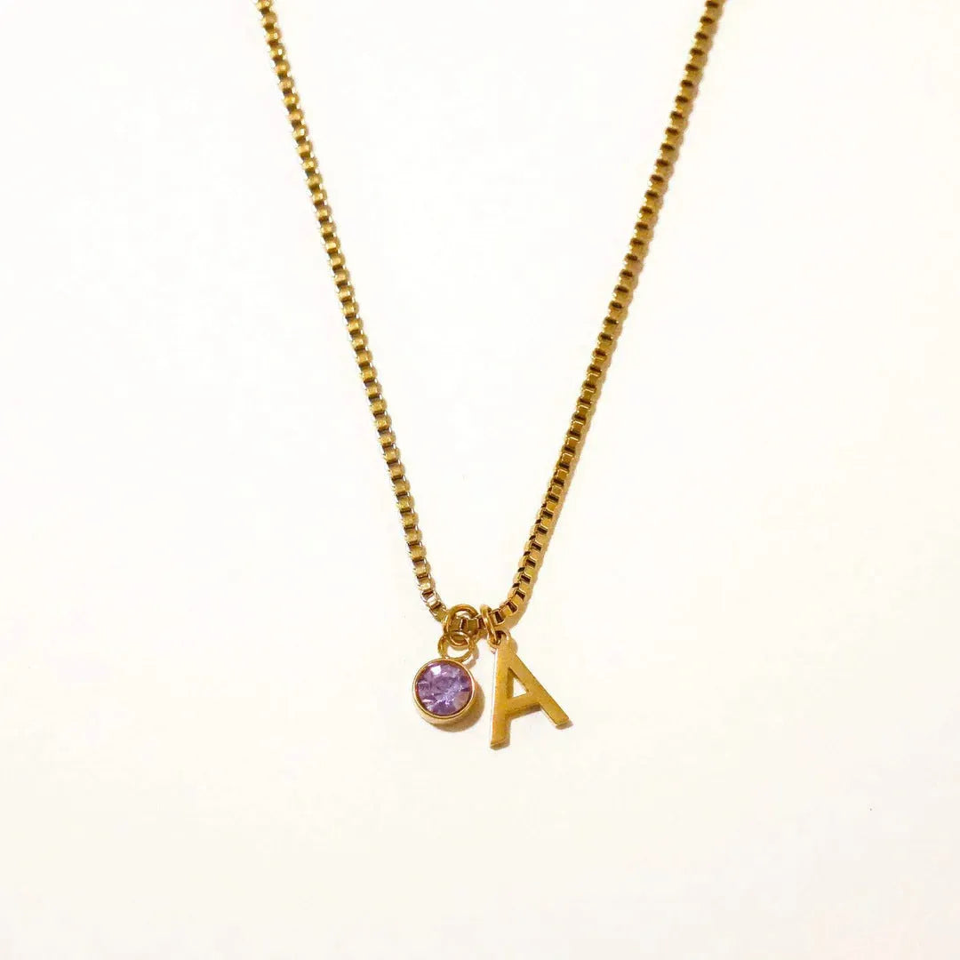 Gold coloured titanium steel birthstone initial pendant necklace with O-ring chain on white background