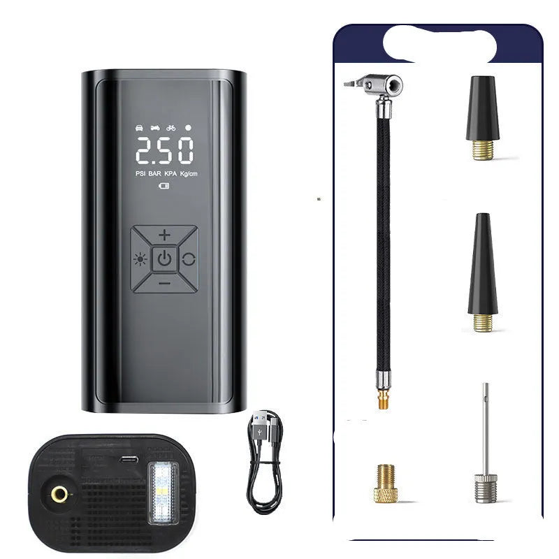 Portable wireless digital display electric car tyre pump with LED light on a black ABS and metal body.
