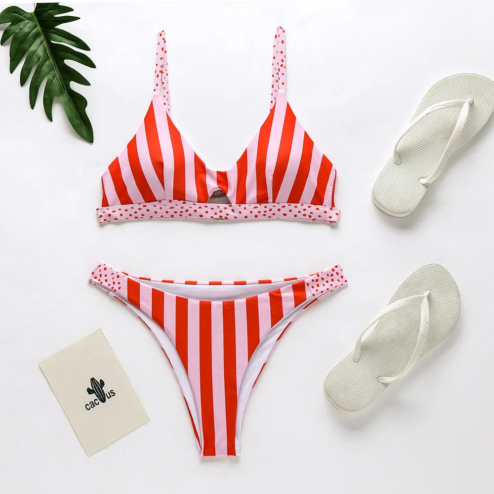 Women's bikini swimsuit in polyester, showing black and white dots and red and white stripe colour options.