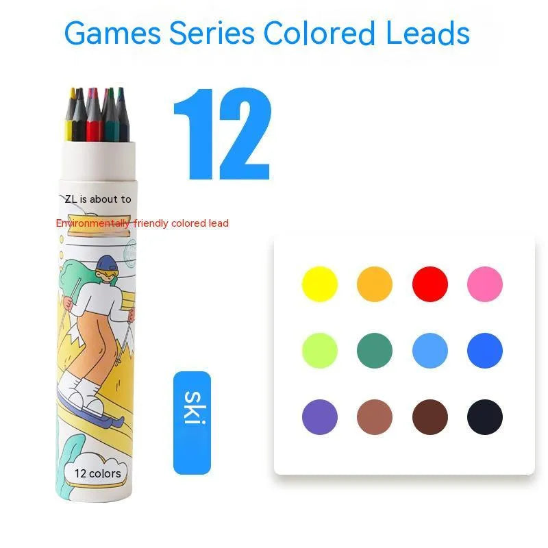 Zhenglin Sports Series coloured pencils set in a paper barrel, showing multiple colour options.