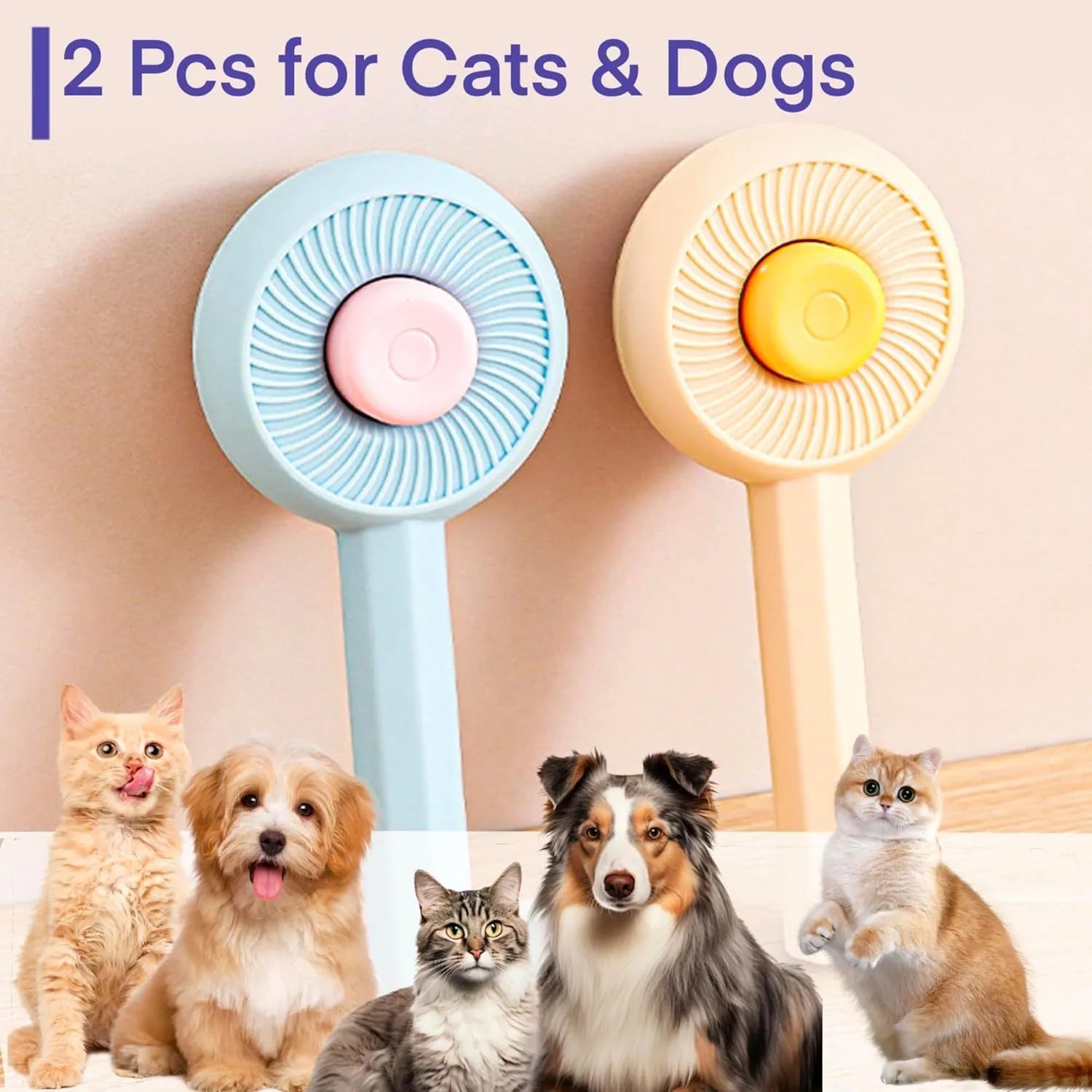 Blue pet grooming brush with metal angled needles and a self-cleaning button on the plastic handle.