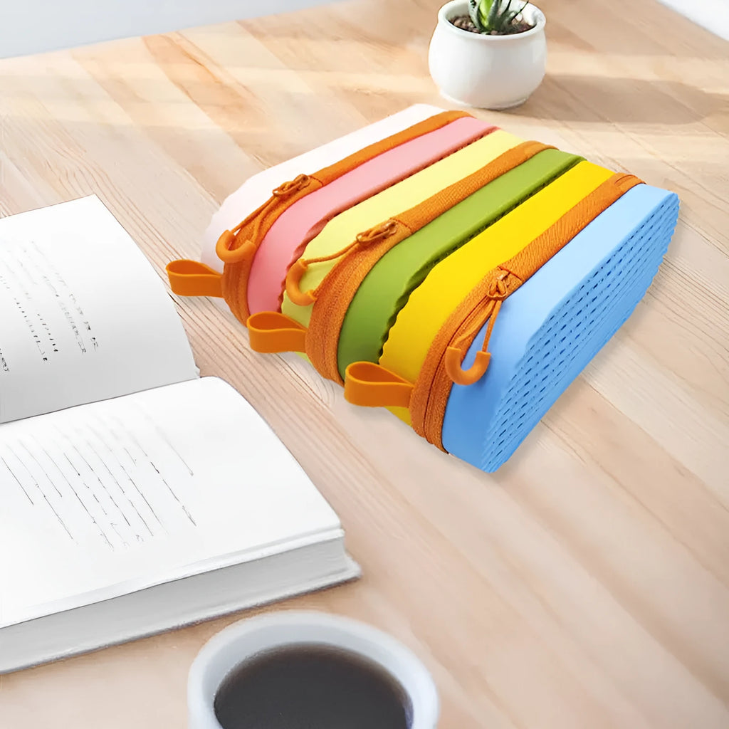 Silicone glasses case in multiple colours, showing long hand shape and scale next to a pair of spectacles.