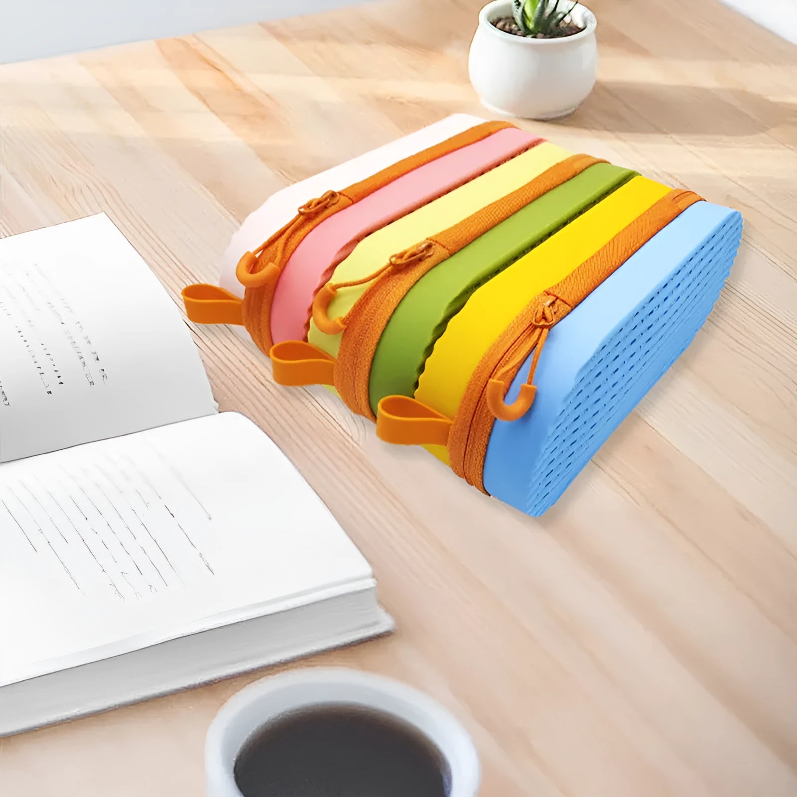 Silicone glasses case in multiple colours, showing long hand shape and scale next to a pair of spectacles.