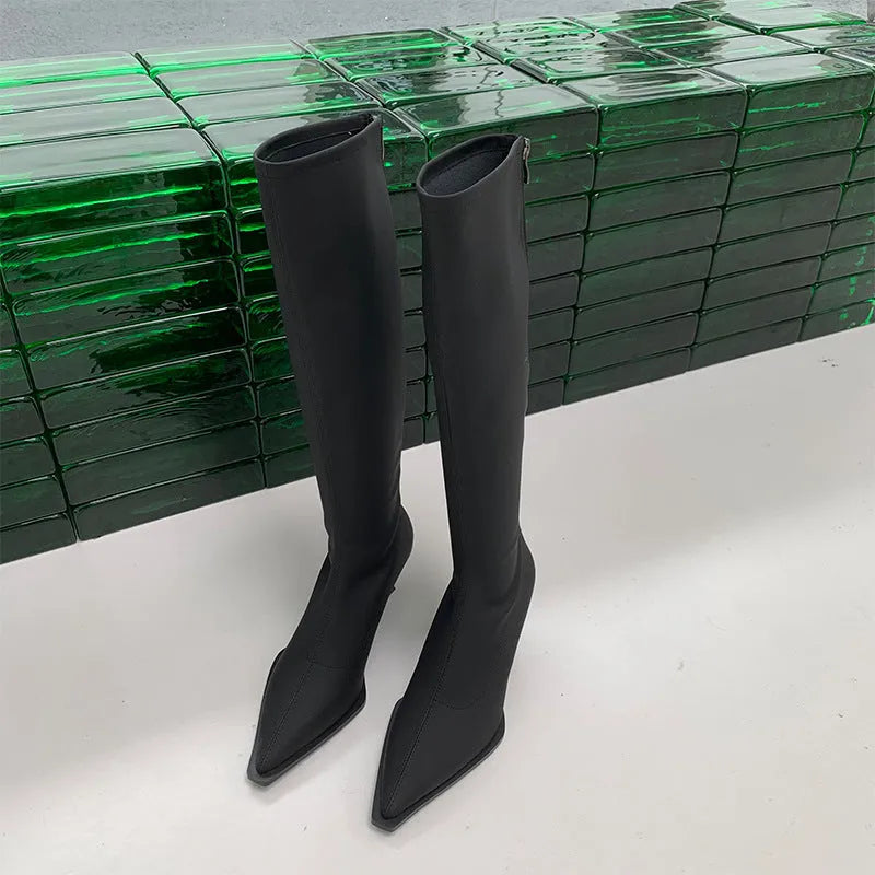 Black pointed toe below knee boots with stiletto heel and back zipper on woman's leg