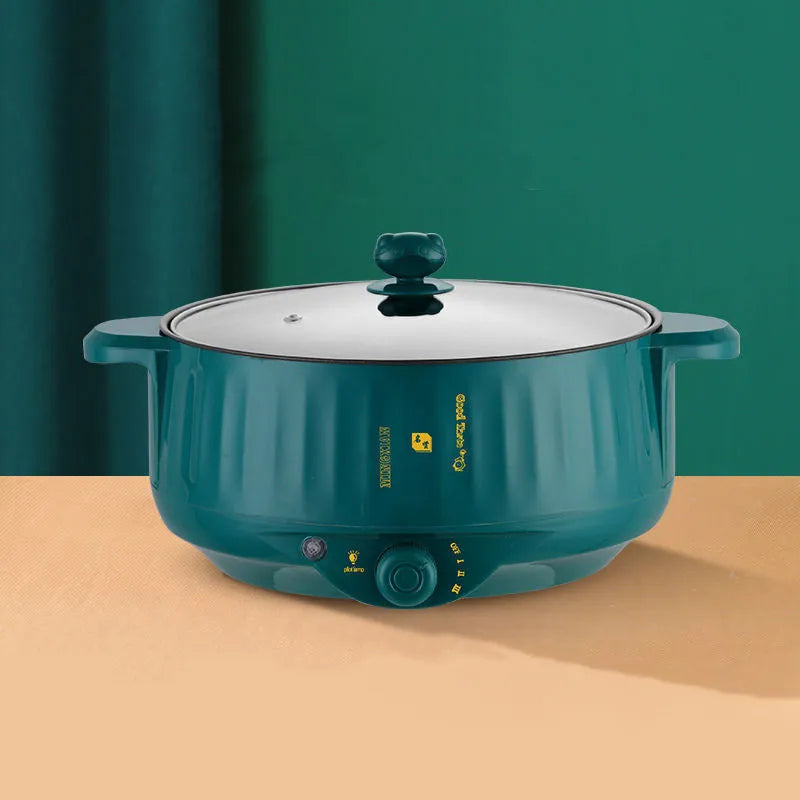 Non-stick electric hot pot with integrated heating element in stainless steel body, available in multiple sizes