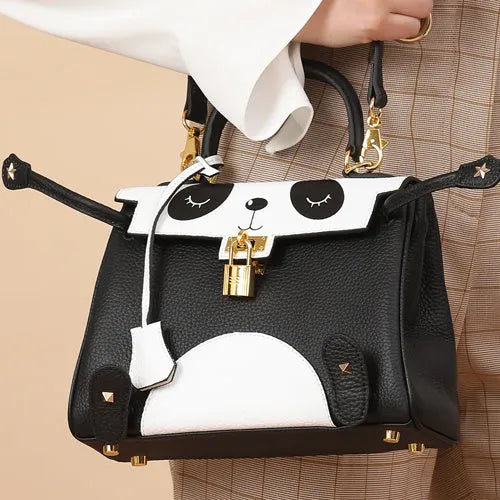 Panda print handbag in cowhide leather with sweet lady style animal pattern.