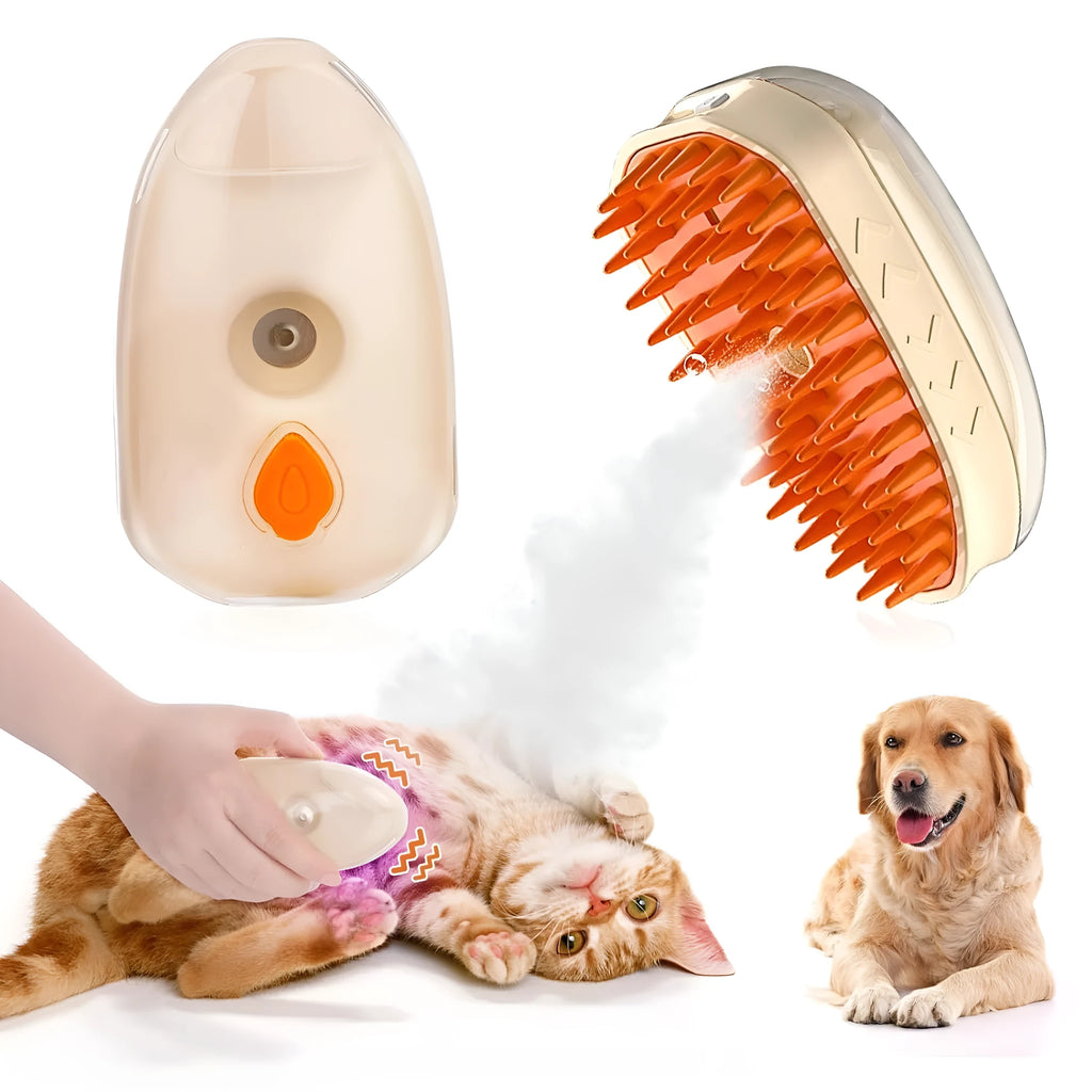 Yellow 4-in-1 cat steam brush with silicone teeth, USB charging port, water tank, and UV lamp for pet grooming.