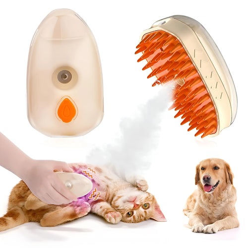 Yellow 4-in-1 cat steam brush with silicone teeth, USB charging port, water tank, and UV lamp for pet grooming.