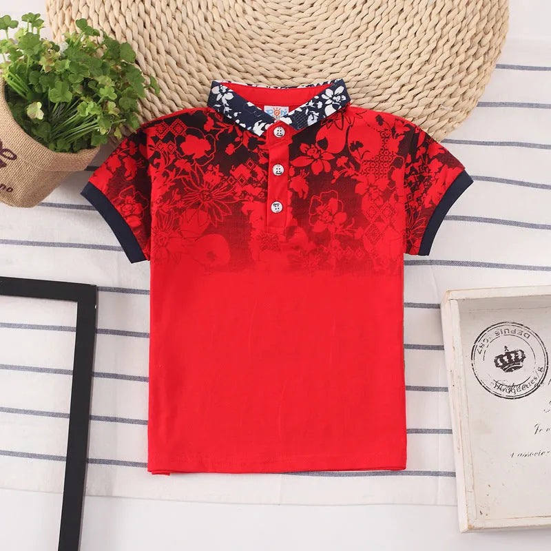 Child wearing a solid colour cotton short sleeve t-shirt with a lapel collar.