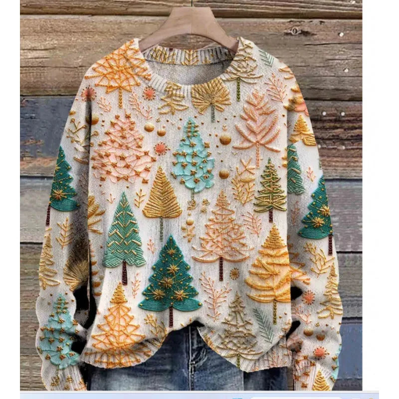 Women's lilac floral printed round neck sweater on a hanger showing the knitted texture.