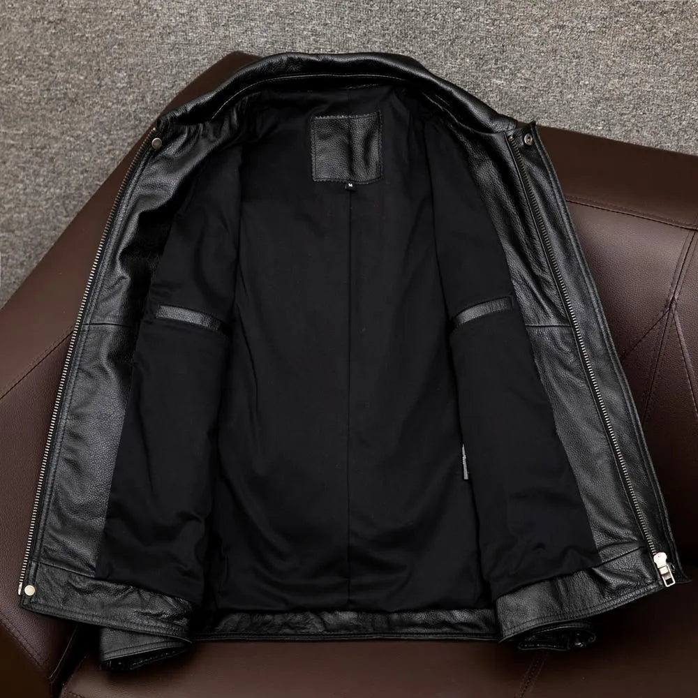 Men's black plus size lapel leather jacket with side pockets and loose fit design