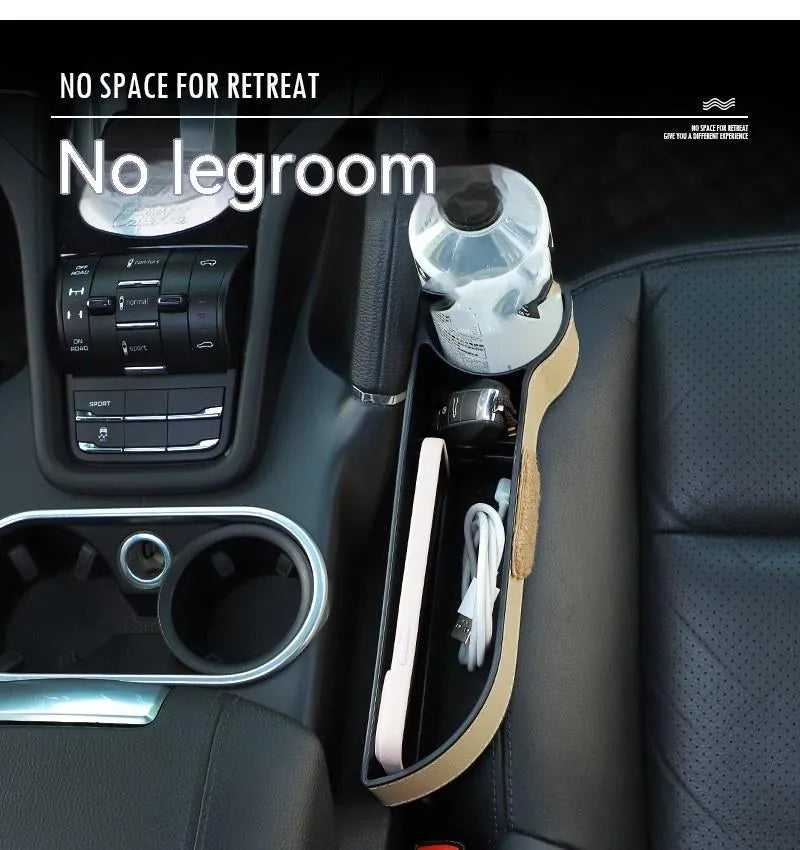 Leather car seat gap storage box with a cartoon bear design hanging between vehicle seats.