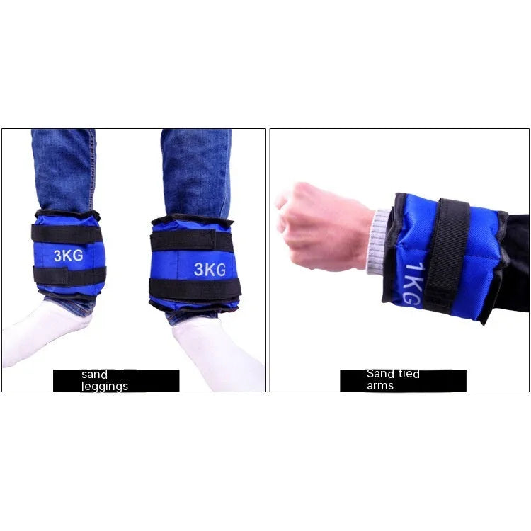 Pair of Oxford cloth legging sandbag weights for athletic training, shown with ankle strap.