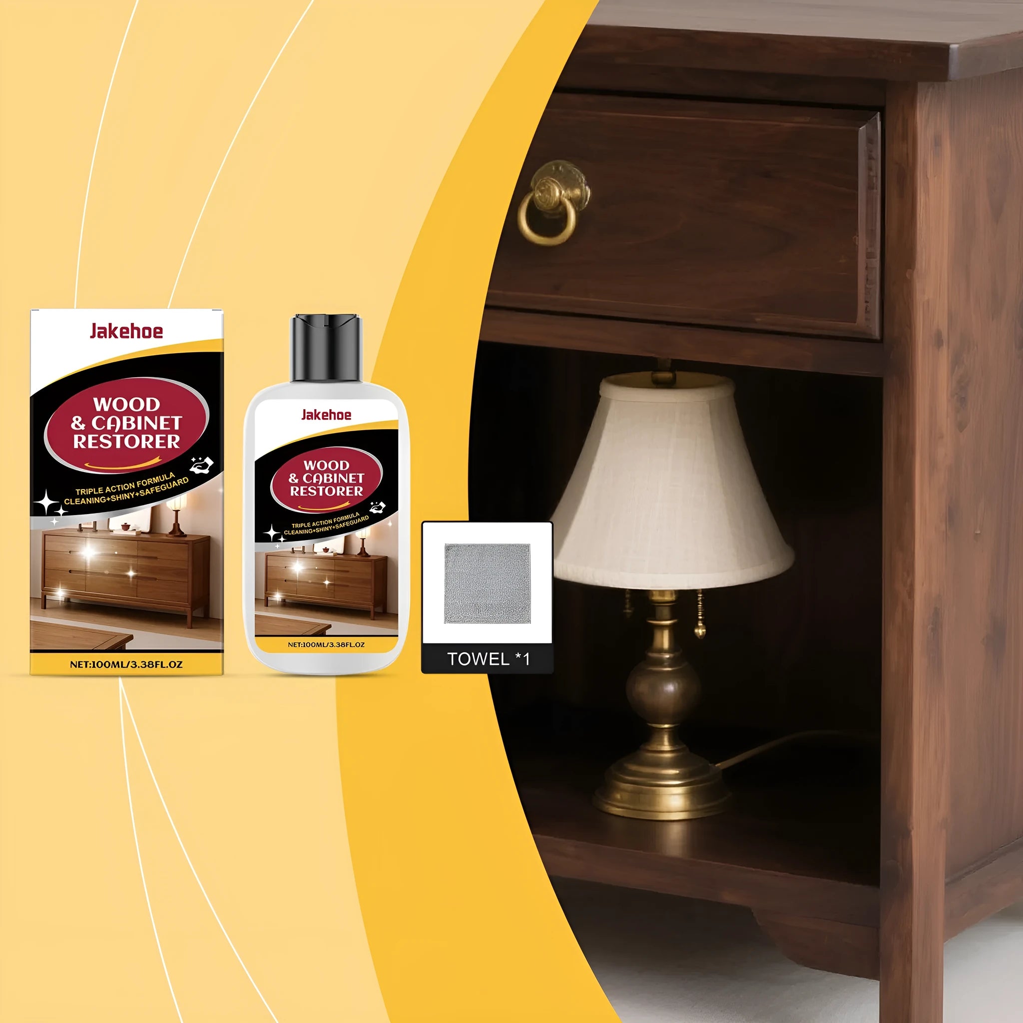 Wooden furniture scratch care kit showing 100ml polish bottle and 20x20cm microfiber towel for surface maintenance