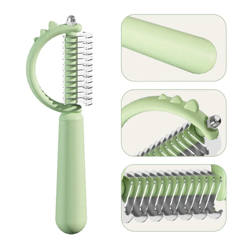 Blue dinosaur-shaped cat brush with stainless steel bristles and self-cleaning button