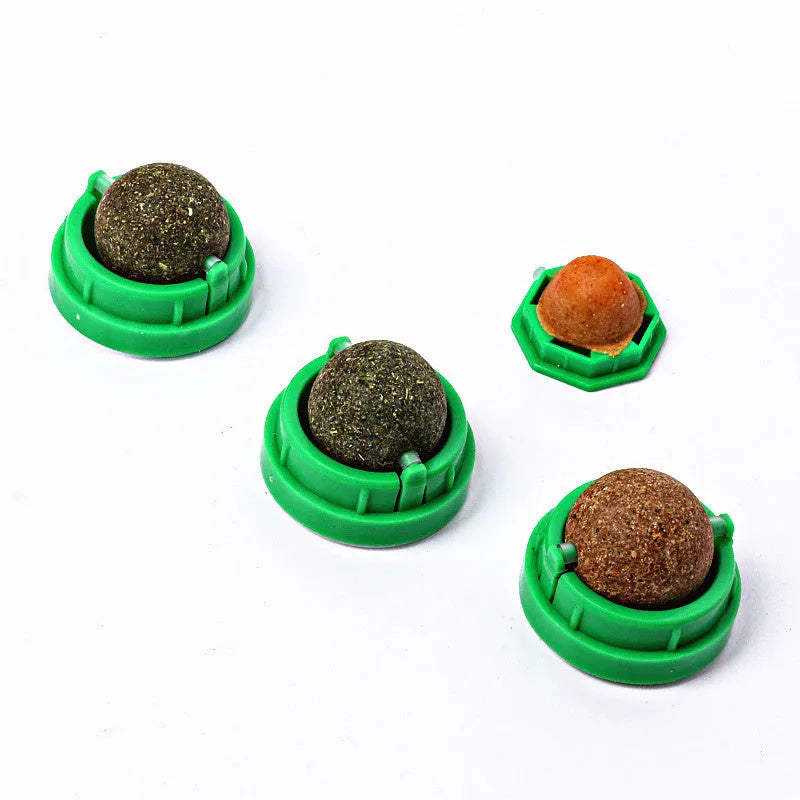 Plastic catnip ball toy with teeth cleaning design in various colours including pink, blue, green, and avocado mint