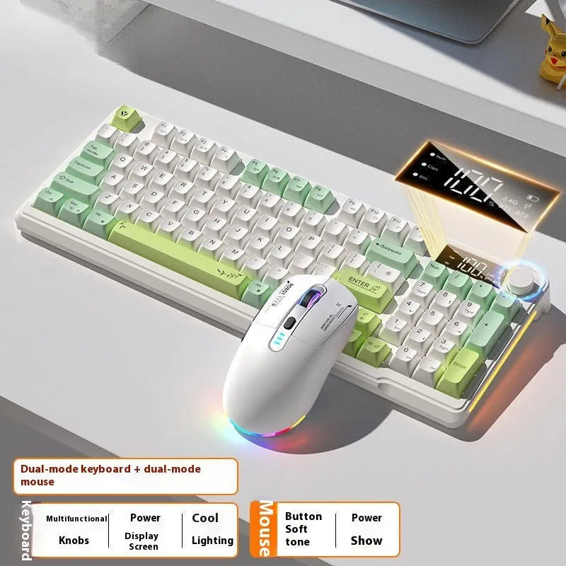 Wireless mechanical-feel keyboard and mouse in a two-tone colour option, showing Type-C cable and connectivity switches.