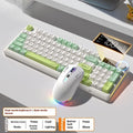 Wireless mechanical-feel keyboard and mouse in a two-tone colour option, showing Type-C cable and connectivity switches.