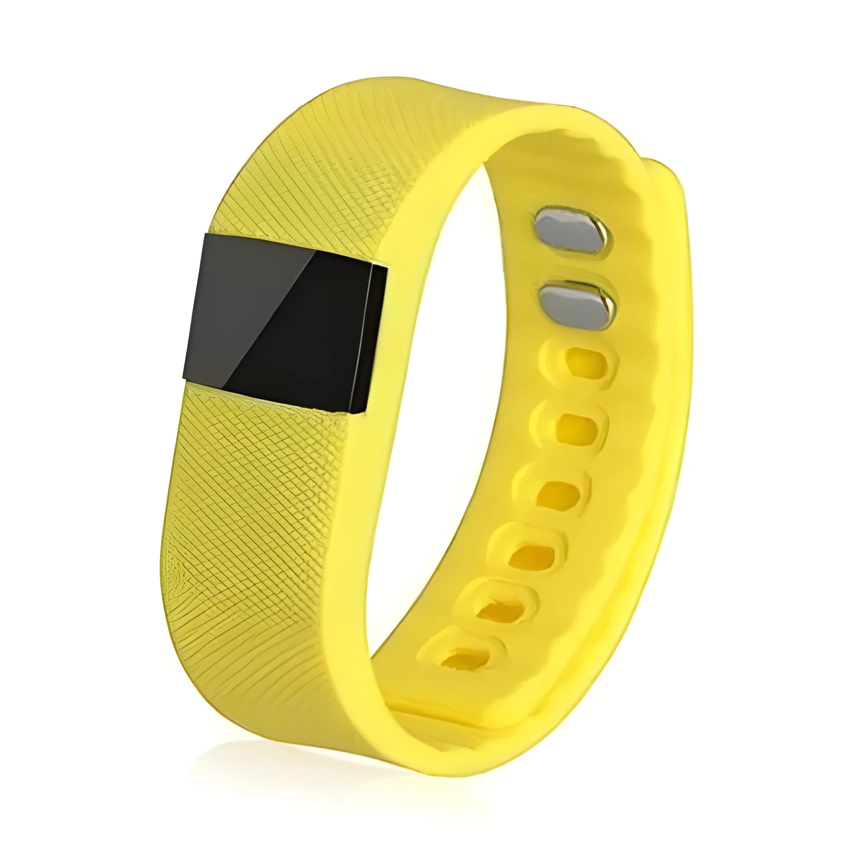 Bracelet pedometer with black plastic and ABS band showing display tracking steps, distance, calories and time