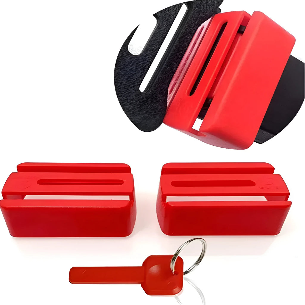 Black ABS plastic seat belt buckle clamp holder securing vehicle seat belt latch
