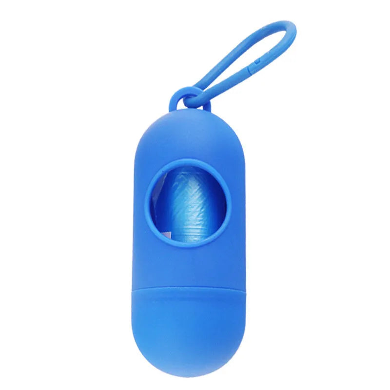 Small square dog waste bag dispenser with a metal side hook, shown in various colours.