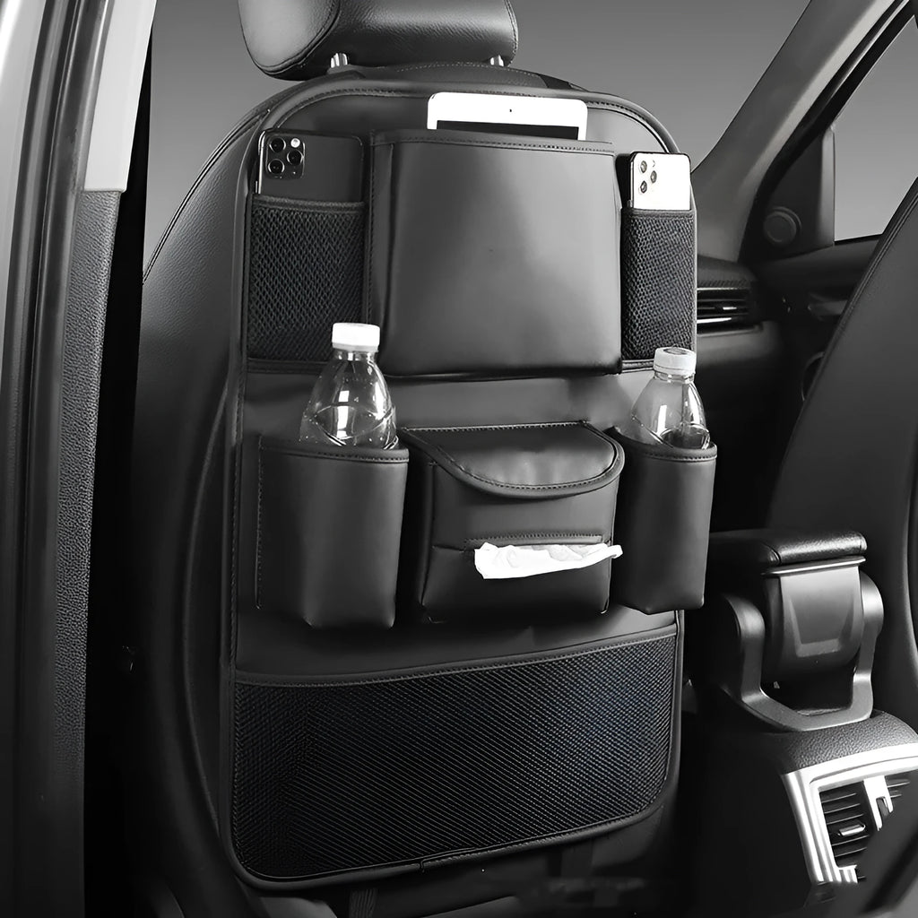 Leather car seat back storage bag in four colour options with suspended mounting