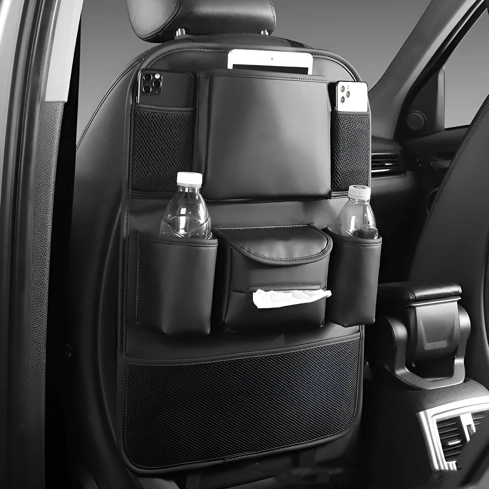 Leather car seat back storage bag in four colour options with suspended mounting
