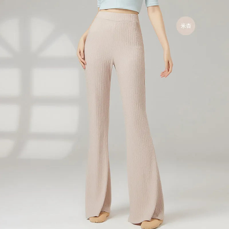 Women's solid colour classical dance practice pants in polyester fabric shown in beige apricot.