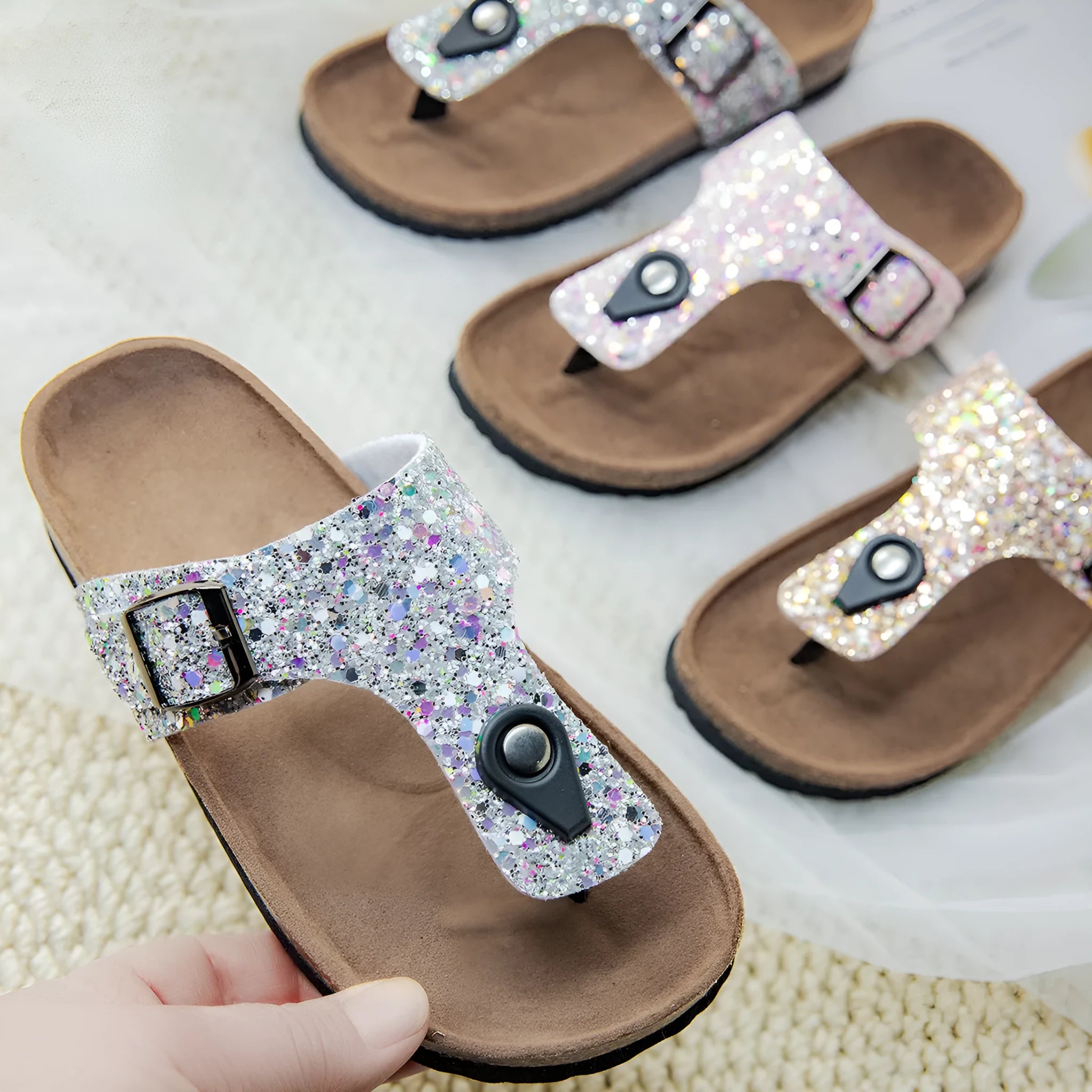 Gold, pink, and silver cork couples flip-flops with artificial leather upper and non-slip sole.