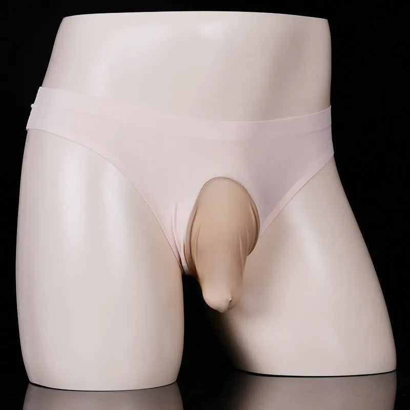 Men's black ice silk underwear briefs showing the ultra-thin fabric and low-waist T-back design